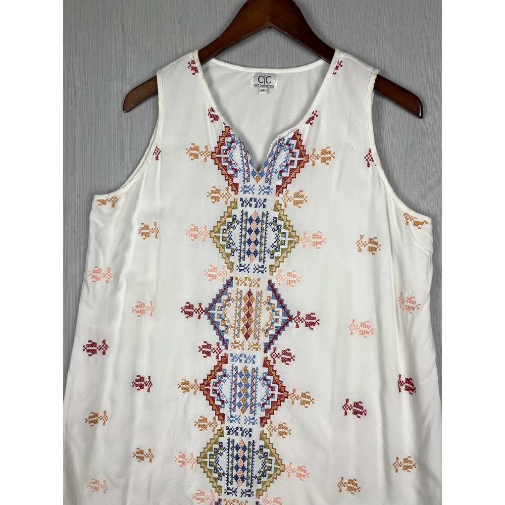 Boho Embroidered Dress XL White Geometric Summer Sleeveless Shift